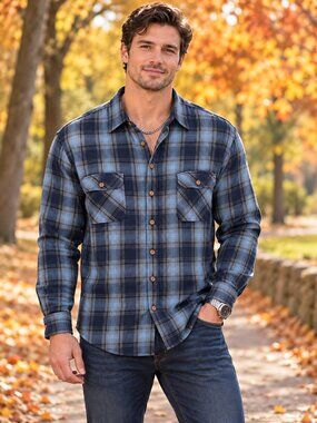 FIELD & STREAM Shirt Flannel Heavyweight Collared Button-Up HiLo Blue Plaid XL